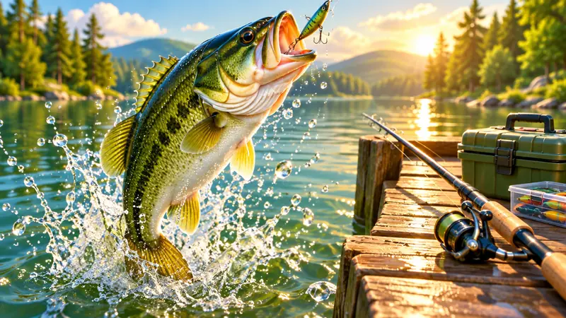 Bass leaping from sunlit lake water