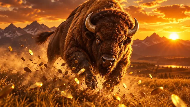Bison charging through golden prairie dust