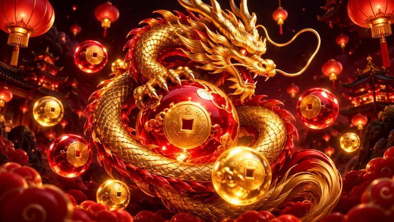 Golden dragon coiled around glowing coin orbs