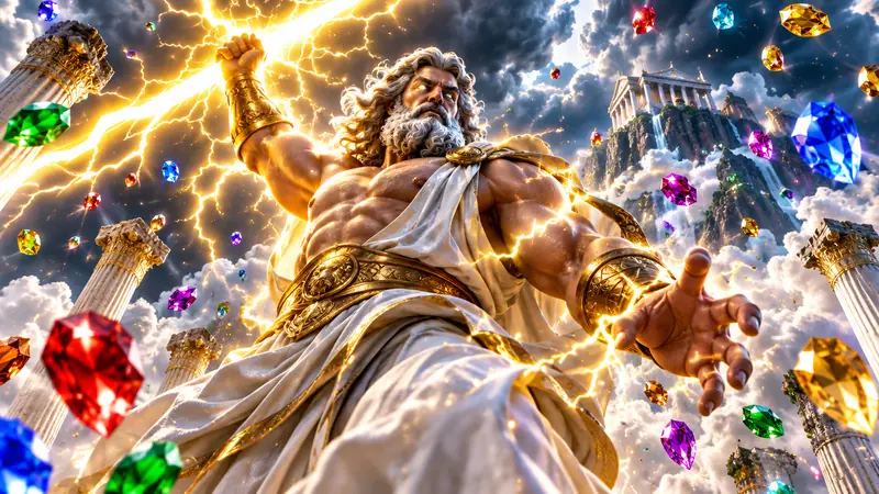 Storm god hurling lightning over marble columns