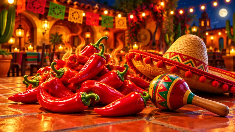 Glowing chilli peppers on terracotta tiles