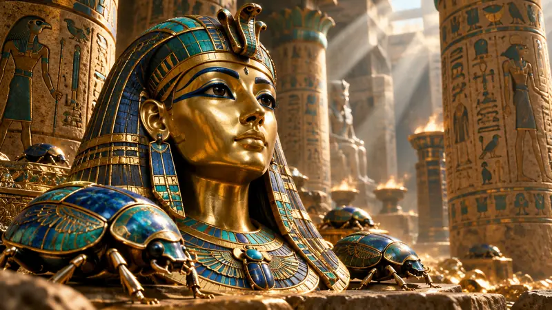 Egyptian golden mask among temple pillars