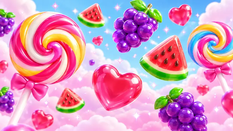 Glossy candy and fruit over a pastel sky